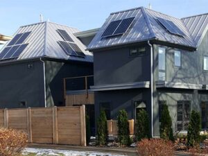 Roof with newly installed residential solar panels in Chicago, IL
