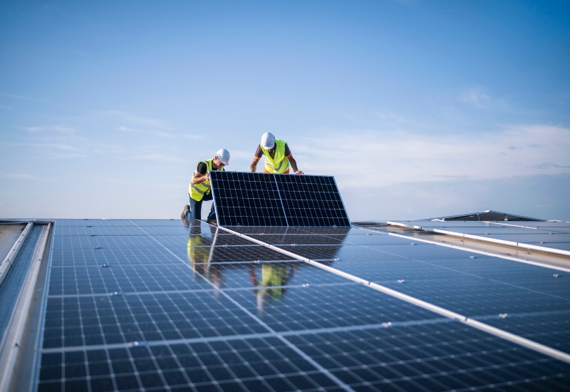 Workers installing solar panels on a rooftop, under a blue sky, showing renewable energy in Chicago